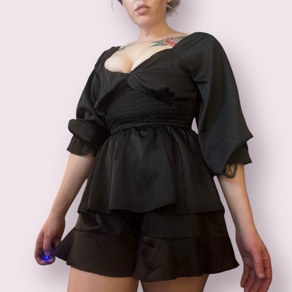 Le Lis black satin ruched long sleeved romper - Picture 2 of 7